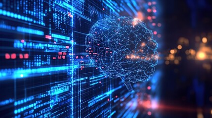 Line, internet and big data connection for cloud storage, artificial intelligence and coding. Blue, matrix and network connectivity for ai algorithm, quantum computing and programming background