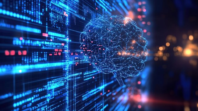 Line, internet and big data connection for cloud storage, artificial intelligence and coding. Blue, matrix and network connectivity for ai algorithm, quantum computing and programming background