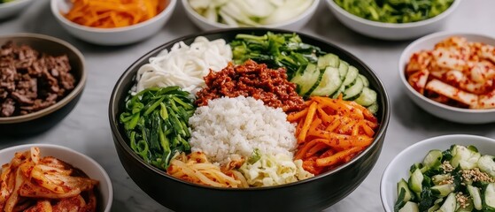 A colorful spread of ingredients in bowls, featuring rice, vegetables, and pickled items, showcasing a vibrant dish setup.