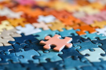 A close-up of a single puzzle piece on a colorful jigsaw puzzle background, showcasing vibrant hues and intricate designs.