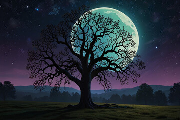 Luminous Moon Casting a Gentle Glow on a Majestic Tree in a Starry Night Sky