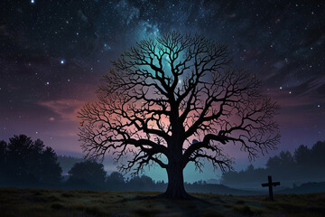 Luminous Moon Casting a Gentle Glow on a Majestic Tree in a Starry Night Sky