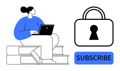 Woman working on laptop while sitting on books, next to a large padlock icon labeled subscribe. Ideal for online learning, digital subscription, security, education, reading, technology