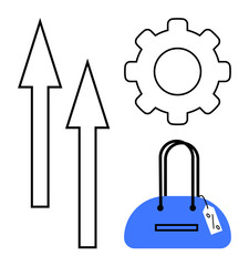 Upward arrows, cogwheel, and blue shopping bag with tag. Ideal for business growth, efficiency, shopping trends, sales, marketing economic analysis and retail strategies. Line metaphor