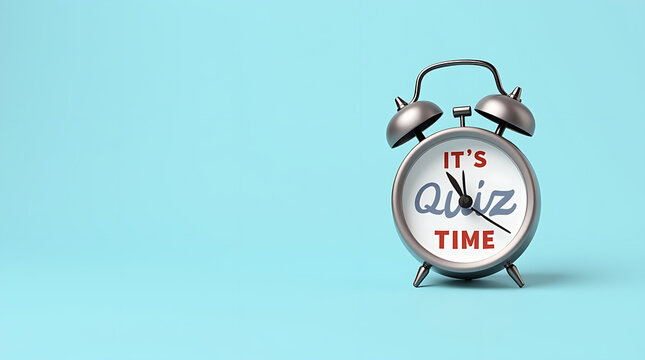Bell and stick clock with the words Its Quiz Time. light blue background.
