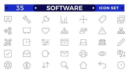 Software Outline icon set. Contains linear outline icons like Web Development, Code, Website, Cloud, App, Data, Software, Algorithm, Api, Build, Program. Big UI icon set in a flat design.