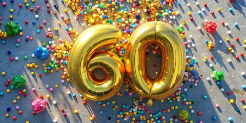 Obraz premium Golden Number 60 Balloon Among Colorful Party Balloons at Outdoor Celebration