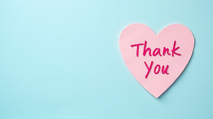 Thank you message on a pink heart sticky note on light blue background