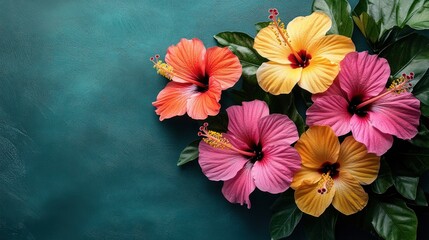 Floral background with tropical hibiscus flowers in vibrant pink, orange, and yellow, set against a dark green background
