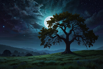 Luminous Moon Casting a Gentle Glow on a Majestic Tree in a Starry Night Sky