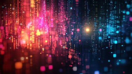 Futuristic background with floating holographic shapes in vibrant colors, set against a dark, digital-inspired backdrop