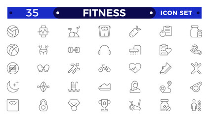 Set of line icons related to Fitness, gym. Wellness, wellbeing, mental health, healthcare, cosmetics, spa, medical. Fitness exercise workout line icons set. Outline icon collection.