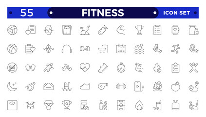 Set of line icons related to Fitness, gym. Wellness, wellbeing, mental health, healthcare, cosmetics, spa, medical. Fitness exercise workout line icons set. Outline icon collection.