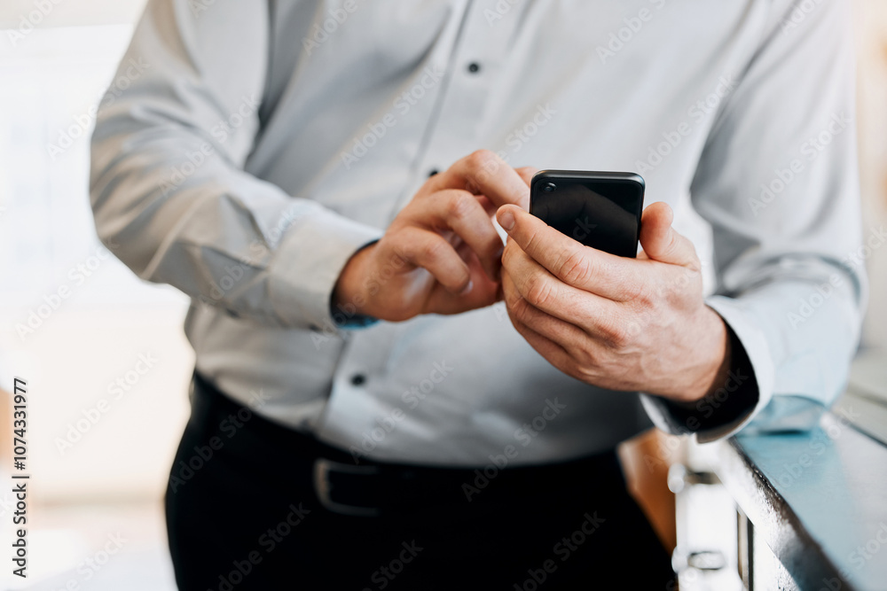 Poster office, phone and hands of business person for communication, typing email and b2b networking. profe