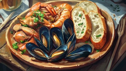Seafood platter with mussels, clams, and freshly baked bread