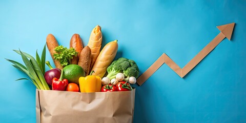 Grocery Bag on Blue Background Illustrating Inflation and Rising Food Prices