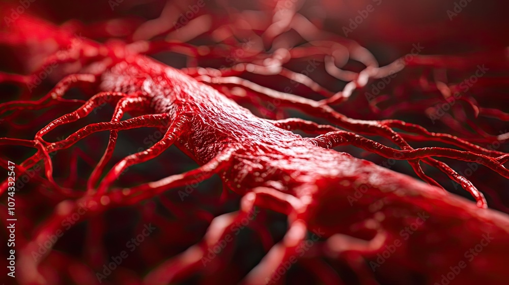 Poster detailed close-up of a red vascular structure on a dark background.