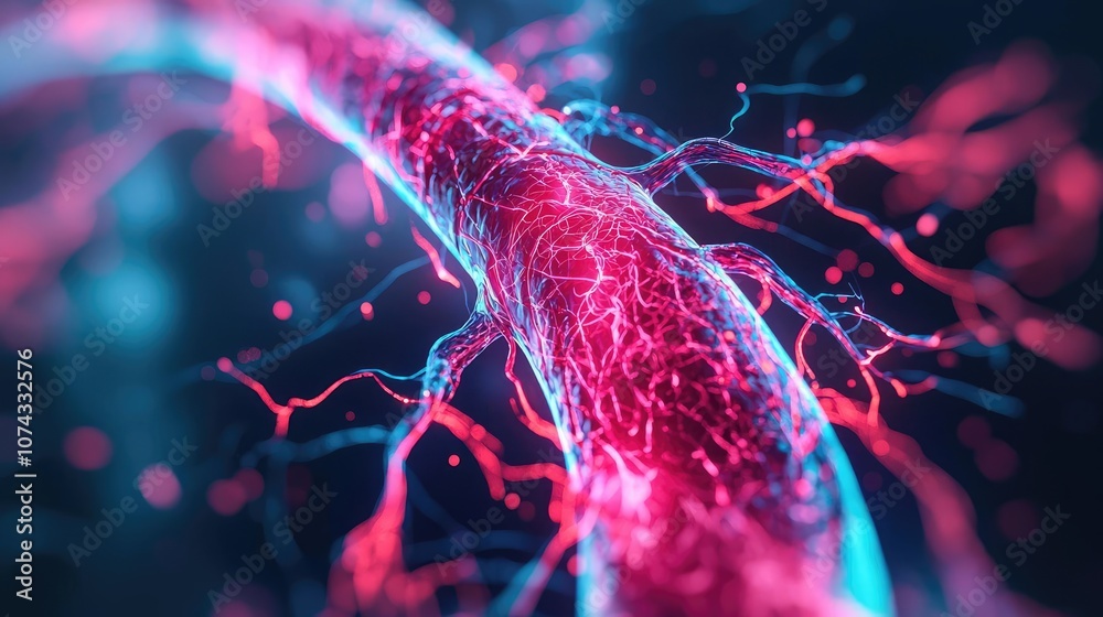 Poster macro view of glowing nerve cell in vibrant colors on isolated background