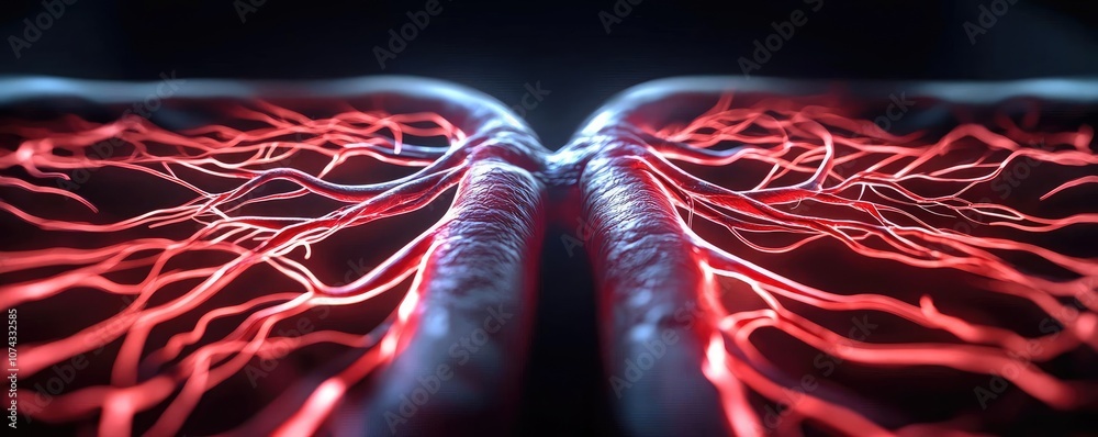 Poster close-up view of red blood vessels with intricate patterns against a dark background.