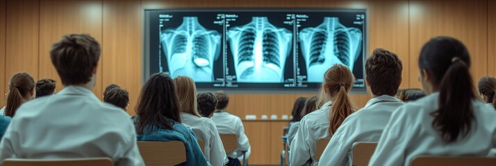 Medical students attentively listen to a lecture in a classroom with chest X-rays displayed on large screens
