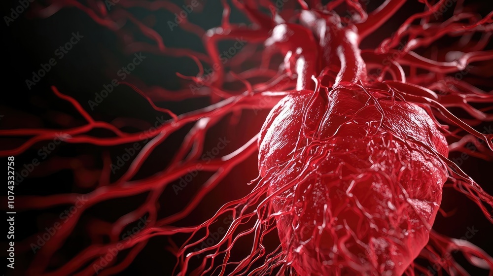 Poster detailed 3d rendering of human heart with complex vascular structure.