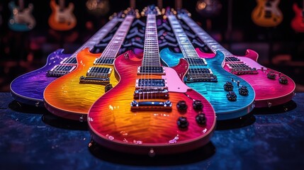 A vibrant display of different colored electric guitars arranged neatly for music enthusiasts...