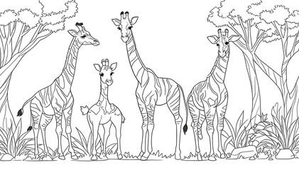 Fototapeta premium “Playful Zoo Animals Coloring Page” – Simple Line Drawing of Zoo Animals Including a Giraffe, Zebra, and Parrot for Kids’ Coloring on a White Background
