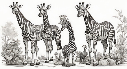 “Playful Zoo Animals Coloring Page” – Simple Line Drawing of Zoo Animals Including a Giraffe, Zebra, and Parrot for Kids’ Coloring on a White Background
