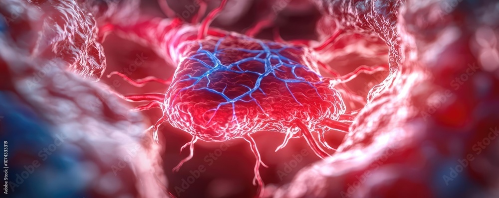 Poster microscopic view of a cell with glowing veins in red and blue colors.