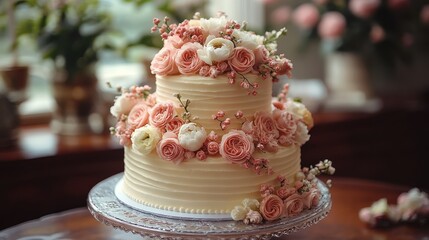 Two-tier wedding cake with pink and white flowers.