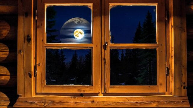 A cozy cabin window framed by a bright full moon against a dark night sky.