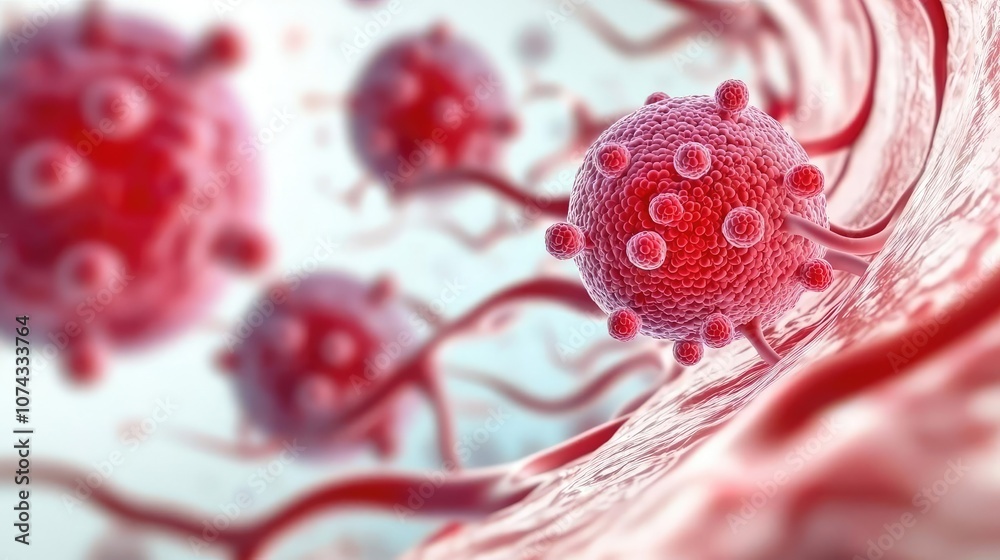 Poster close-up view of red blood cells and pathogens in a flowing bloodstream.