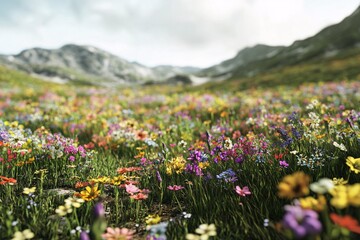 Fototapeta premium Vibrant Wildflowers Bloom in a Mountain Meadow