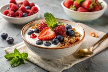 Healthy Breakfast Bowl with Yogurt, Granola, Jam, and Fresh Berries for a Minimalist Aesthetic