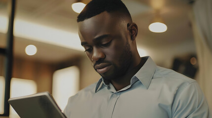 Fototapeta premium Young Black male with a short beard in a business-casual shirt, using a tablet, in a co-working space. Chest shot