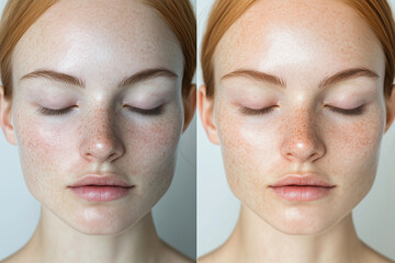 two images show a woman with a different makeup style. The first image has a more natural look, while the second image has a more dramatic and bold makeup style