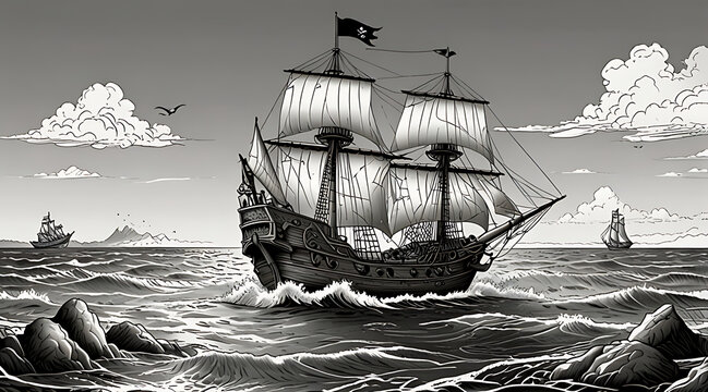 &ldquo;Pirate Ship Adventure Coloring Page&rdquo; &ndash; Simple Line Art of a Pirate Ship with Sails, Waves, and a Treasure Chest for Kids&rsquo; Coloring Fun