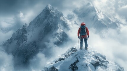 A climber stands atop a snowy peak, surrounded by majestic mountains.