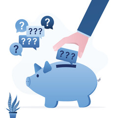 Hand putting speech bubble with question mark in piggy bank. Confusion, doubt, trouble and complexity. Search for answers, person accumulates questions and unsolved problems