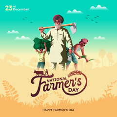 Happy Farmer's Day &ndash; A celebration of hardworking farmers. A vibrant scene set against a rural backdrop. Ideal for Farmer's Day greeting cards and vector illustration design.