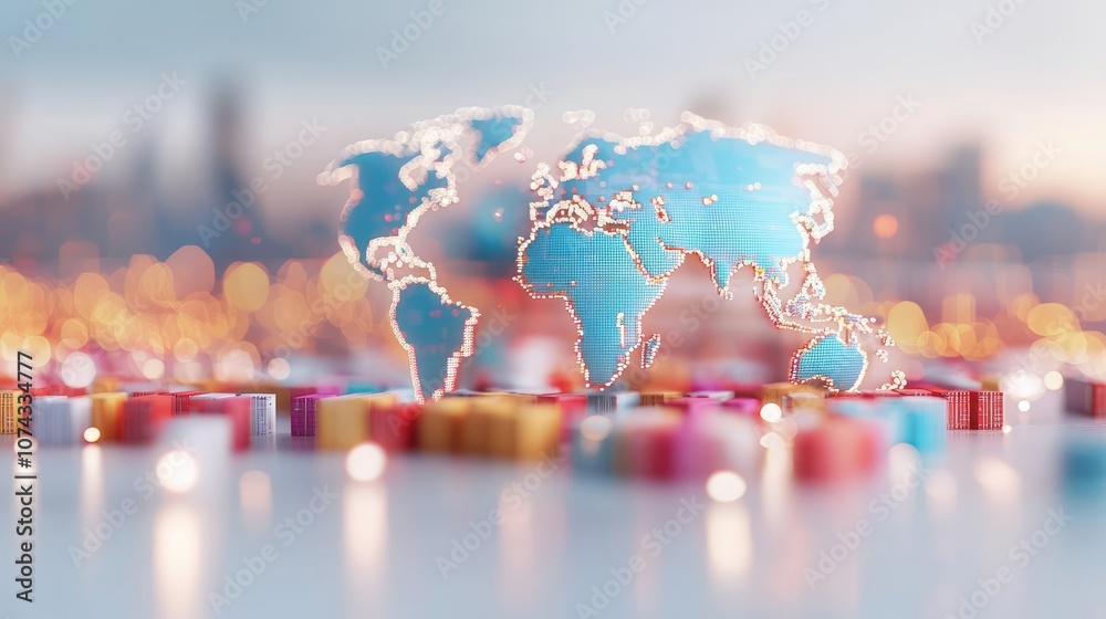 Poster global map illustration with colorful chips on blurred background.