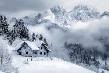 Fototapeta premium Snowy Mountain Landscape with Cabin and Foggy Peaks