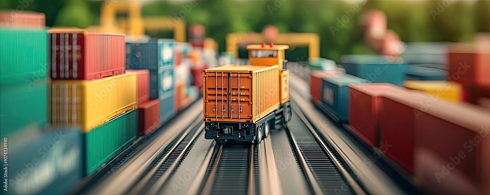 Poster Container train moving through a freight terminal with stacked shipping containers.