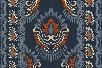 Embroidered Ikat flower pattern on a black background. Traditional ethnic ikat, Aztec abstract vector pattern, seamless pattern in tribal, folk embroidery and Mexican style.