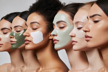 group of women with different colored face masks on their faces. The women are lined up and appear to be posing for a photo. Scene is lighthearted and fun