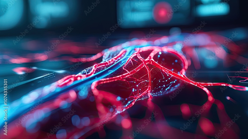 Aufkleber Abstract digital design featuring red and blue lines and nodes on a dark background.