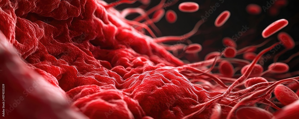 Poster close-up view of red blood cells and tissue under a microscope.