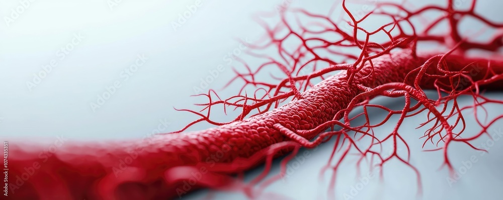 Poster red intricate blood vessel structure on a smooth background.