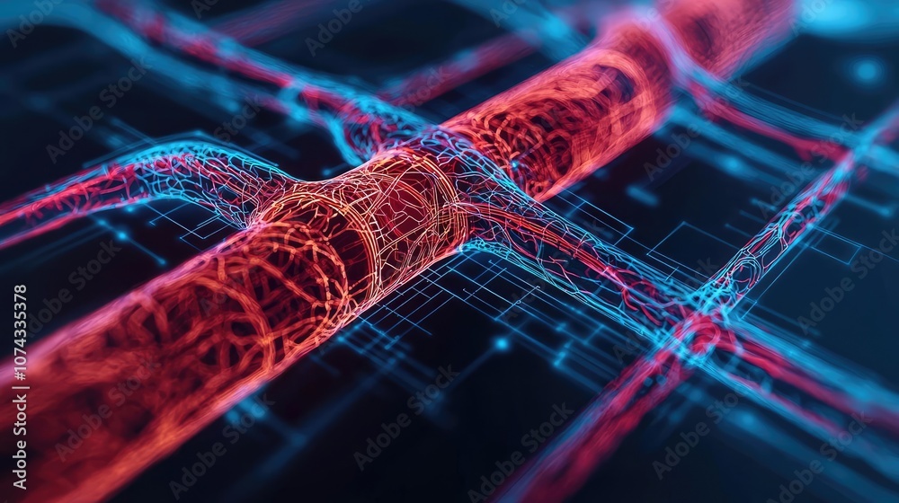 Aufkleber abstract digital circuitry with glowing lines in red and blue tones.