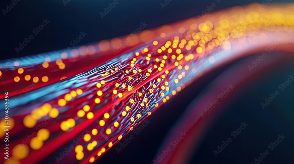 Poster abstract glowing lines with bright particles on a dark background